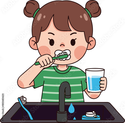 Cartoon child brushing teeth, dental hygiene routine, oral care, morning activity, sink scene, toothbrush, toothpaste, healthy habit, water splash, clean