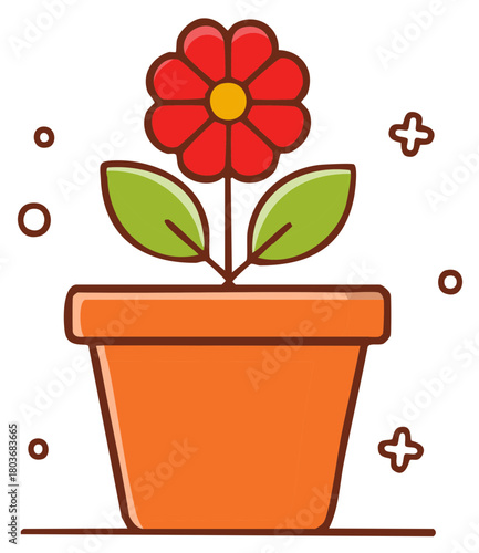 Stylized flower in a pot with a red bloom and green leaves garden plant illustration