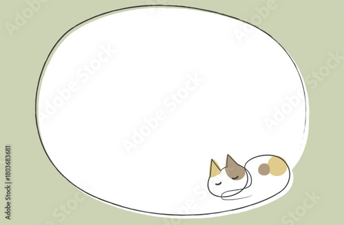 鉛筆で一筆書きしたような丸い三毛猫フレーム素材