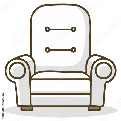 Comfortable upholstered armchair with round arms and buttons in cartoon style for interior decor projects