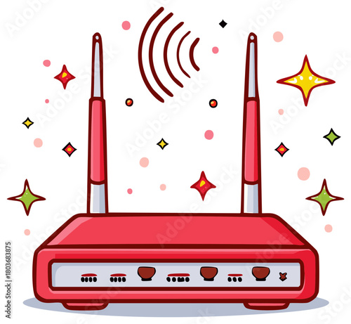 Red wireless internet router with antennas and signal waves surrounded by colorful sparkles