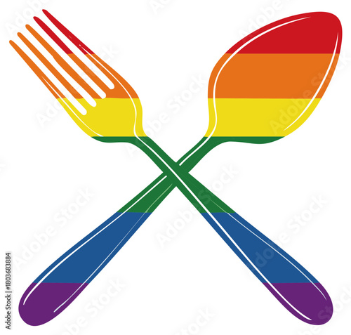 Crossed Fork and Spoon with Rainbow Pride Flag Colors Representing an LGBTQ Food Concept