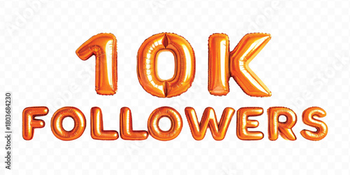 abstract 3d 10K FOLLOWERS typography text made by with different color foil balloons style isolated on transparent background