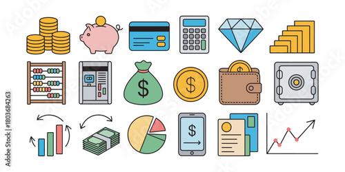 Collection of financial icons including coins, piggy bank, credit card, calculator, diamond, atm, money bag, wallet, safe, and charts isolated on