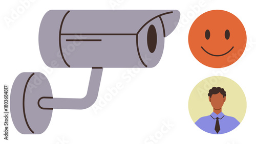 Security camera pointing outward with human profile and smiling emoticon. Ideal for security, surveillance, monitoring, privacy, emotions, facial recognition, technological control. Simple flat