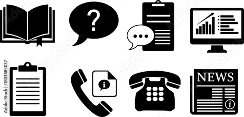 Information and Communication Icons Set: Book, Phone, Data, News, Support