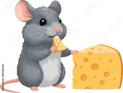 Cartoon gray mouse with pink ears eating cheese beside a large Swiss cheese block on white background, cute vector illustration