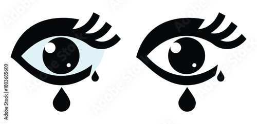 Stylized eye icons with long lashes and a black tear drop, symbolizing sadness, crying, grief, emotion, vision, and human feelings