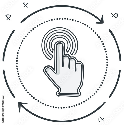 Hand touching screen with circular arrows in a sketch style illustration