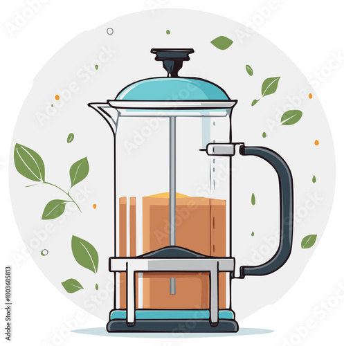 French Press Coffee Maker with Tea Leaves Illustration for Cafe and Restaurant