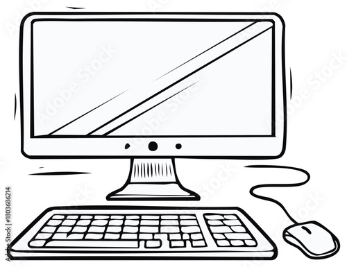 Cartoon illustration of desktop computer with monitor, keyboard and mouse for digital technology or office concept