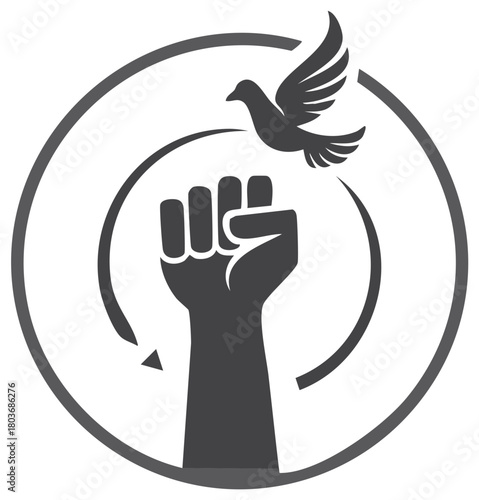 Freedom Symbol: Raised Fist, Dove, Circle, Revolution, Empowerment, Vector Icon