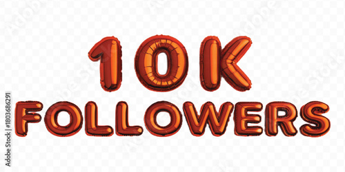 abstract 3d 10K FOLLOWERS typography text made by with different color foil balloons style isolated on transparent background