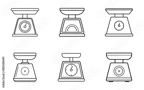 Six vintage style kitchen scales line art illustration isolated on a white background for design and graphics projects