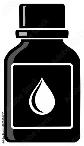 Black Bottle with a Drop Label Icon. Essential Oil Container with Liquid.