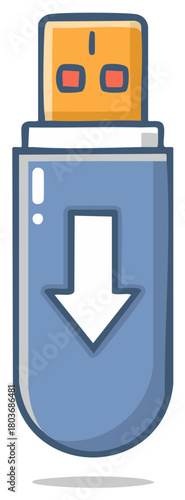 Cartoon USB Flash Drive Illustration with Download Arrow, Flat Graphic Icon