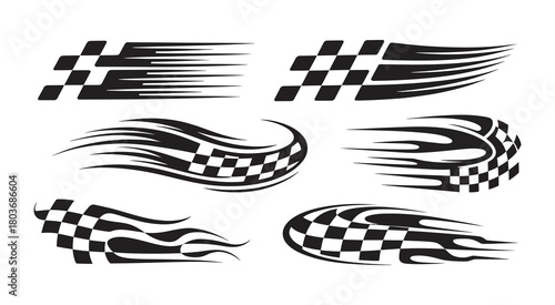 Set of racing checkered flag graphic elements with motion effect isolated on