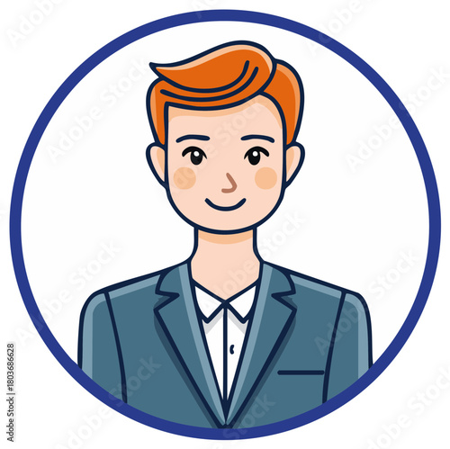 Smiling young man with styled ginger hair wearing a blue suit and white shirt in a circle