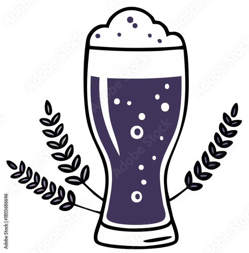 Frothy Beer Glass with Barley Stalks Festive Brewing Illustration