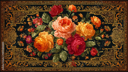 Intricate floral illustrations in the Persian style are framed by a gold border adorned with exquisite arabesque patterns. The symmetrical composition showcases traditional lacquerware art.
