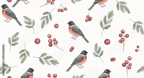 Watercolor Birds Seamless Pattern with Winter Berries and Botanical Leaves
