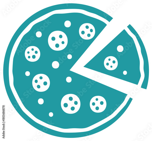 Teal color pizza pie with one slice detached modern graphic design icon illustration