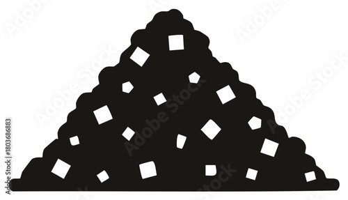 Stylized black irregular heap with scattered bright white geometric fragments illustration