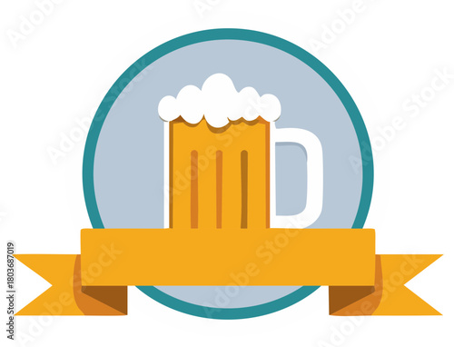 Frothy beer mug icon on a circular badge with a blank ribbon banner for custom text
