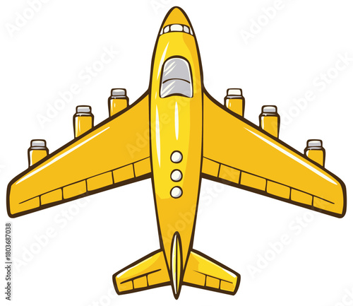 Cartoon Yellow Airplane Top View with Eight Engines Classic Aircraft Illustration
