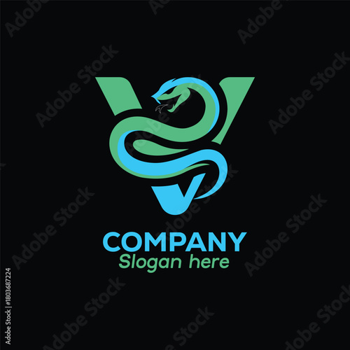 V letter Sleek snake logo design for gaming, tech, or security companies looking for a memorable brand