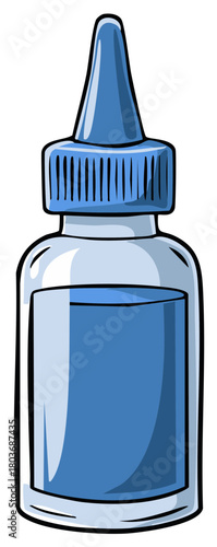 Illustrated cartoon style medicine bottle, vector illustration, filled with blue liquid.