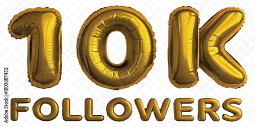 abstract 3d 10K FOLLOWERS typography text made by with different color foil balloons style isolated on transparent background