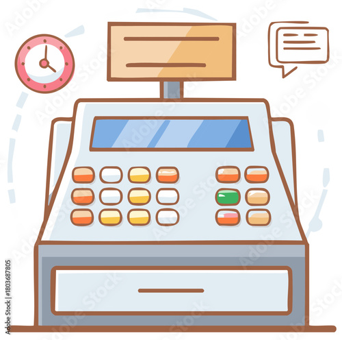 Retro Cash Register with Clock and Chat Bubble Icons