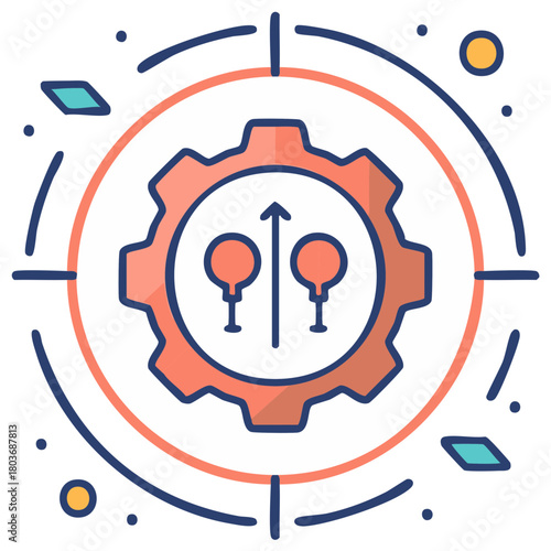 Gear with up arrow and abstract shapes, depicting process optimisation, solutions finding, technological advance, business growth