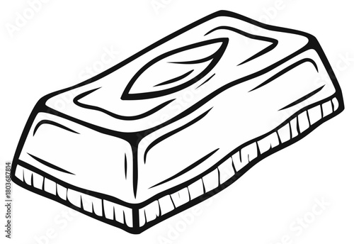 Bar of soap with leaf imprint line art drawing. Black and white vector icon for hygiene and cleanliness.