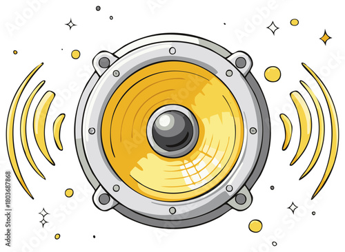 Yellow audio speaker playing loud music cartoon vector illustration