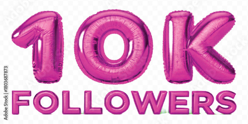 abstract 3d 10K FOLLOWERS typography text made by with different color foil balloons style isolated on transparent background