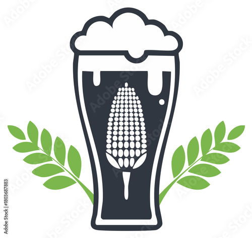 Craft beer logo with corn cob in a foamy glass and barley stalks vector icon