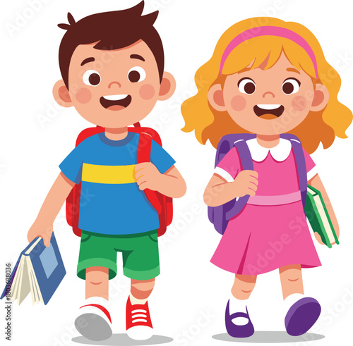 Cartoon schoolchildren illustration, two kids walking, cheerful expressions, backpacks and books, childhood education theme, playful design, student charactersCartoon schoolchildren 