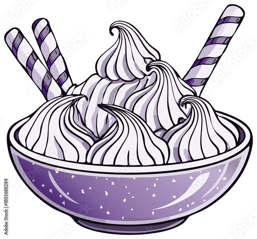 A vibrant cartoon illustration of a purple dessert bowl with swirled cream and striped wafer sticks