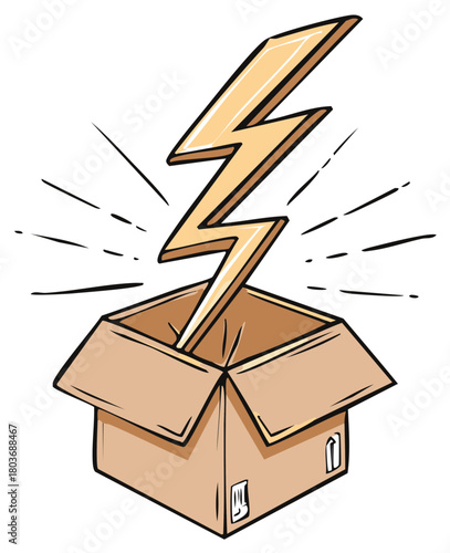 Surprise lightning bolt erupts from an open cardboard box with energetic radiating lines