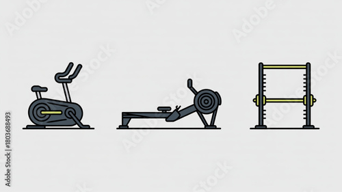 Set of gym equipment icons including exercise bike rowing machine and squat rack flat vector illustration isolated on white background