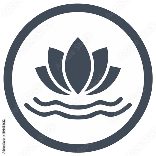 Stylized lotus flower on water waves icon in a dark circular frame