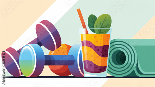 Fitness and healthy lifestyle illustration featuring dumbbells yoga mat and a colorful smoothie vector design for health and wellness concepts