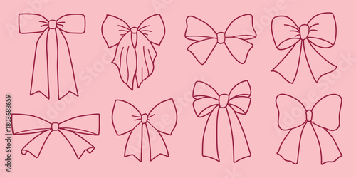 Set collection of line contour coquette bows for decoration design icon clipart logotype isolated illustration