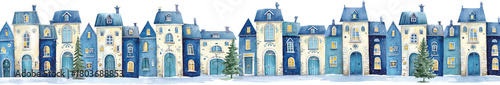 Christmas village watercolor illustration blue and cream colored, landscape scenery with many houses and fir trees, flat style, isolated on transparent background for decoration or web site banner