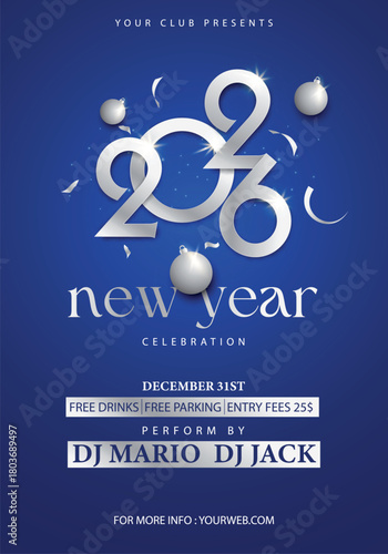 2026 happy new year party card design with silver and blue color tone. vector illustration.