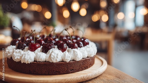 A delectable black forest cake adorned with whipped cream and cherries is showcased on a wooden board in the warm glow of a cozy cafe