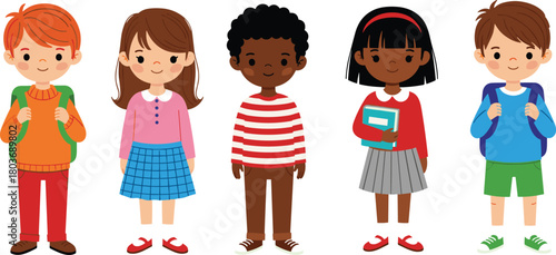 Diverse group of cartoon children standing together, colorful outfits, school kids illustration, multicultural students, happy children, education concept, friendship