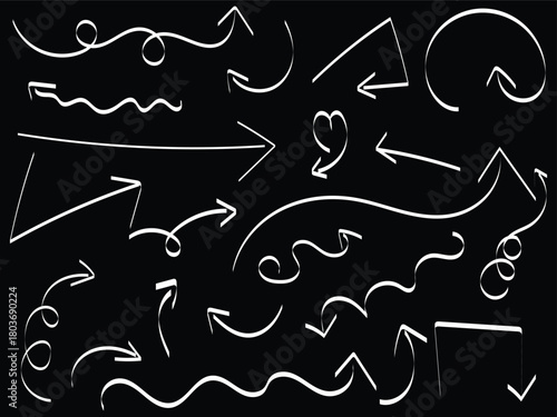 Hand-drawn curved and swirl arrows set on black background, White doodle swirl and curved arrows collection on black background, Decorative hand-drawn doodle arrows with curves loops 